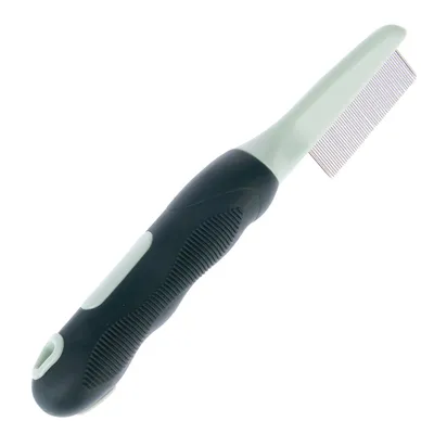 Pieptene cu dinți fini, mâner ergonomic, design alb-negru.