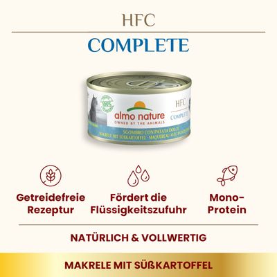Lot de 12 boîtes almo nature HFC Complete, poulet avec carottes, 70 g. Texte visible : 100 % to nature, profits, owned by the animals.