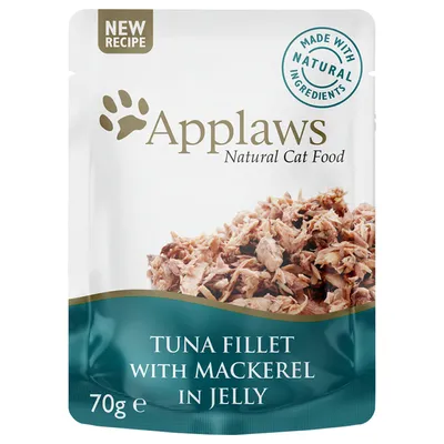 Applaws Natural Cat Food, Tuna Fillet with Mackerel in Jelly, 70 g. Tekstit: NEW RECIPE, MADE WITH NATURAL INGREDIENTS. Applaws Natural Cat Food, Tuna Fillet with Mackerel in Jelly, 70 g. Tekstit: NEW RECIPE, MADE WITH NATURAL INGREDIENTS.