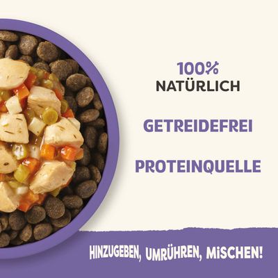 100% natürlich, getreidefrei, Proteinquelle. Hinzugeben, umrühren, mischen!