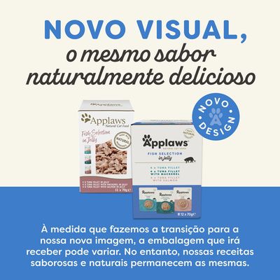 Applaws Fish Selection in Jelly para gatos com duas embalagens diferentes, texto: 'Novo visual, o mesmo sabor naturalmente delicioso', selo 'Novo design'. Embalagem pode variar.
