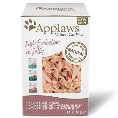 Applaws Natural Cat Food, Fish Selection in Jelly. Vyrobeno z přírodních surovin. 12 x 70g: 4x tuňákové filety, 4x tuňák s makrelou, 4x tuňák s lososem.