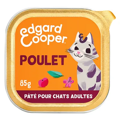 Edgard Cooper Poulet, 85g. Paté voor volwassen katten met kip, afgebeeld met kat en ingrediënten zoals blad, vrucht en bloem.