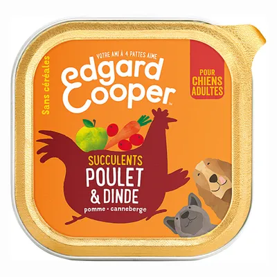 Barquette Edgard Cooper pour chiens adultes, sans céréales, succulents poulet & dinde, pomme et canneberge. Texte visible : 'Votre ami à 4 pattes aime', 'Pour chiens adultes'.