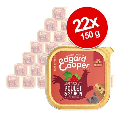 Lot de 22 barquettes Edgard Cooper Poulet & Saumon, sans céréales, pour chiens seniors, 150 g chacune, mention brocoli et canneberge visibles sur l’emballage.