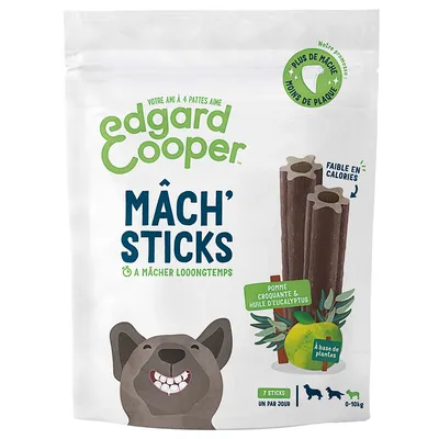 Edgard Cooper Mâch' Sticks, végétal, avec pomme et huile d'eucalyptus, faible en calories, pour chiens jusqu'à 10 kg. Paquet de 7 sticks, 1 stick par jour recommandé.