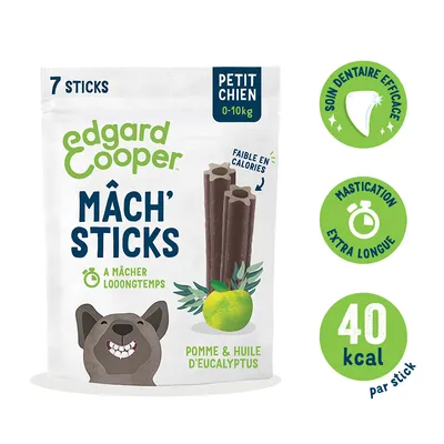 Edgard Cooper Mâch' Sticks, 7 pièces, pour petits chiens 0-10 kg. Pomme et huile d'eucalyptus, respectueux des dents, longue durée de mastication, faible en calories, 40 kcal par stick.