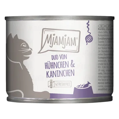 Mjamjam Duo von Hühnchen & Kaninchen, getreidefrei. Illustration einer Katze und Futterschale auf der Dose.