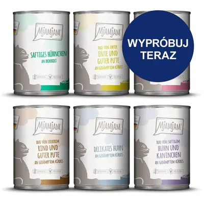 Sześć puszek MjAMjAM z widocznymi niemieckimi nazwami smaków. Na górze niebieskie koło z napisem: WYPRÓBUJ TERAZ.