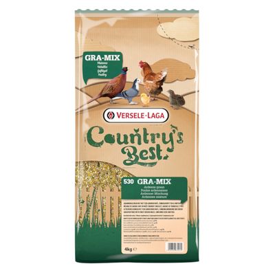 Versele-Laga Country's Best GRA-MIX, afbeelding van kip, fazant en kwartel op verpakking. Tekst: GRA-MIX, Country's Best. Inhoud zichtbaar als gemengde granen.