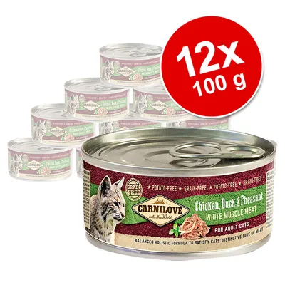 Carnilove корм для кошек, курица, утка и фазан, 12x100 г, без зерна, для взрослых кошек. Холистическая формула с белым мышечным мясом.