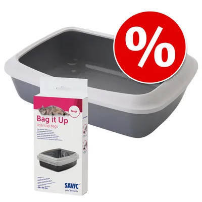 Kattenbak met witte rand en verpakking Savic Bag it Up litter tray bags large, 46 x 40 cm. Rood kortingssymbool met procentteken zichtbaar.