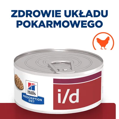 Hill's Prescription Diet i/d, puszka z karmą. Napis: Zdrowie układu pokarmowego. Symbol kury. Hill's Prescription Diet i/d, puszka z karmą. Napis: Zdrowie układu pokarmowego. Symbol kury.