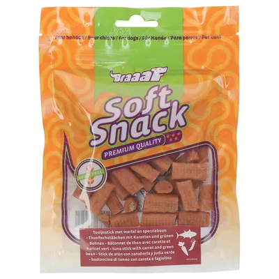Braaaf Soft Snack Premium Quality, tonijnstaafjes met wortel en sperziebonen, graanvrij, voor honden.