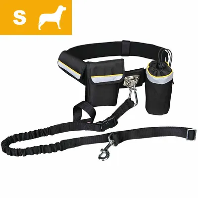 Hands-free black waist belt with attached lead, pouch, and bottle holder. Yellow box in corner shows letter S and silhouette of a dog, indicating small size. Hands-free black waist belt with attached lead, pouch, and bottle holder. Yellow box in corner shows letter S and silhouette of a dog, indicating small size.