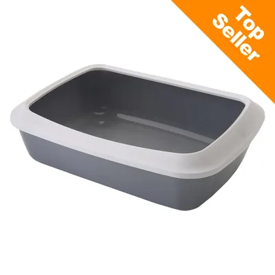 Kuweta dla kota z szarego plastiku, biały rant. Napis w rogu: Top Seller. Kuweta dla kota z szarego plastiku, biały rant. Napis w rogu: Top Seller.