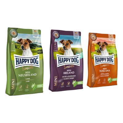 Pack gourmand Happy Dog Sensible Mini Ireland, saumon et lapin, pour chiens adultes ≤10 kg. Trois sacs visibles avec texte 'Pack gourmand' sur un cercle rouge.