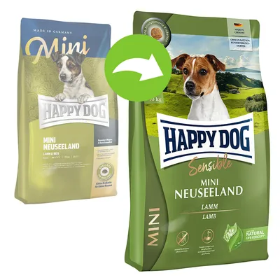 Pungi de hrană pentru câini Happy Dog Mini Neuseeland Lamm, vechi și nou ambalaj, text vizibil: Sensible, Lamm, Lamb, Natural Life Concept, Made in Germany.