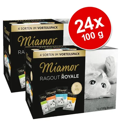 Miamor Ragout Royale, 4 smaki w zestawie, 24 x 100 g. Opakowanie z widocznymi saszetkami i zdjęciem kota. Tekst: 4 Sorten im Vorteilspack, In Jelly, 12 x 100 g Beutel.