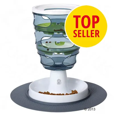 Interactive food dispenser with multiple levels and a base tray containing dry food, shown with a yellow badge reading 'Top Seller'.
