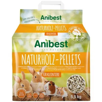 Anibest 100% Nature Naturholz-Pellets voor knaagdieren, verpakking met afbeelding van konijnen en cavia's, zichtbaar gewicht 5,5 kg, super zuigkracht & geurbinding.