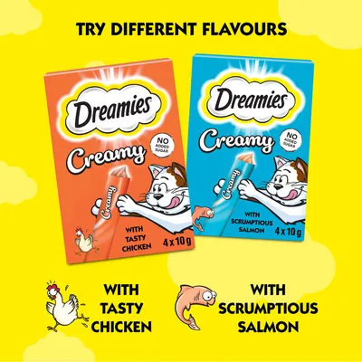 Dreamies Creamy available in two flavours: with tasty chicken and with scrumptious salmon, both with no added sugar. Each pack contains 4 x 10g portions. Dreamies Creamy available in two flavours: with tasty chicken and with scrumptious salmon, both with no added sugar. Each pack contains 4 x 10g portions.