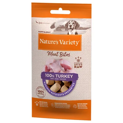 Nature's Variety Meat Bites, 100% kalkoen, gevriesdroogd, voor puppy's en volwassen honden. Maximale voedingsstoffen behouden, 100% natuurlijk, recyclebare verpakking.