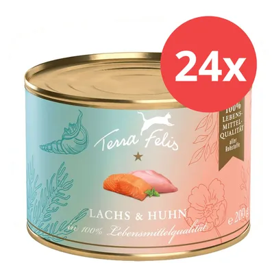 Terra Felis Nassfutter Lachs & Huhn, 24x 200g Dosen, in 100% Lebensmittelqualität aller Rohstoffe.