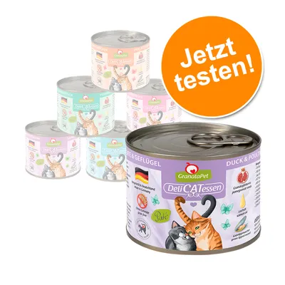 GranataPet DeliCATessen Dose Ente & Geflügel, Aufschrift: Hergestellt in Deutschland, ohne Getreide, Granatapfelkerne, Lachsöl, Grünlippmuschel. Jetzt testen!