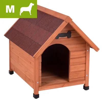 Wooden pet house with pitched roof, open entrance and bone-shaped detail above door. Green label in corner shows letter M and animal silhouette, indicating medium size.