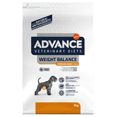 Advance Veterinary Diets Weight Balance Medium-Maxi +10kg, 3kg. Med naturlige antioxidanter. 94% of dogs reduce body weight in 2 months, 44% body fat loss in 3 months, L-carnitine.