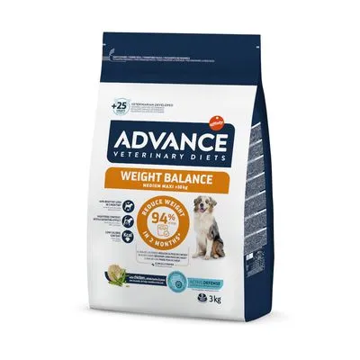 Advance Veterinary Diets Weight Balance, Medium Maxi, 3kg. Claims to reduce weight by 94% in 2 months. Includes icons for weight control and active defence. Visible feeding information.