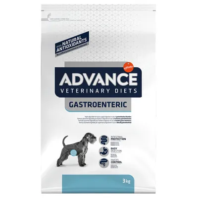 Advance Veterinary Diets Gastroenteric koiranruoka, 3 kg. Tekstit: with natural antioxidants, intestinal protection, easy digestion, faeces control. Kuvassa koira.