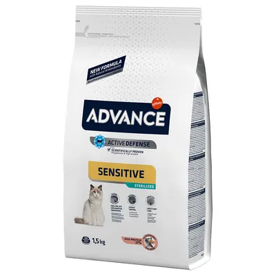 Advance Active Defense Sensitive Sterilized para gatos, 1,5 kg. Fórmula con antioxidantes naturales, proteína alta 37 %, ideal para gatos sensibles. Imagen de gato en el envase.