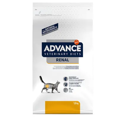 Advance Veterinary Diets Renal, suché krmivo pre mačky, 1,5 kg. S prírodnými antioxidantmi. Viditeľné piktogramy: znížená záťaž obličiek, spomalenie progresie zlyhania, kontrola pH.