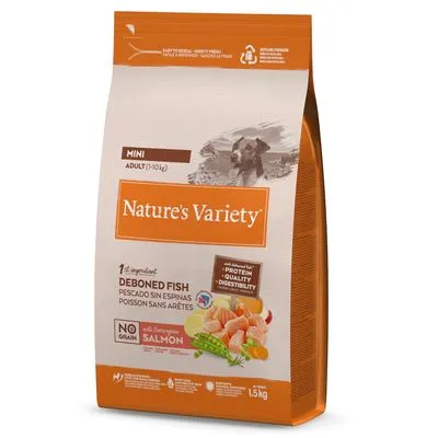 Zak Nature's Variety Mini Adult hondenvoer, 1e ingrediënt deboned fish, no grain, zalm, 1,5 kg. Tekst: protein quality digestibility. Afbeelding van vis en groenten op de verpakking.