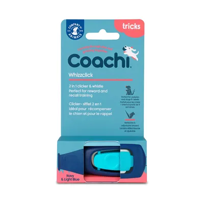 Coachi Whizzclick, clicker-sifflet 2 en 1 pour récompenser le chien et pour le rappel, lanière réfléchissante et réglable, coloris Navy & Light Blue, texte en anglais et français visible.