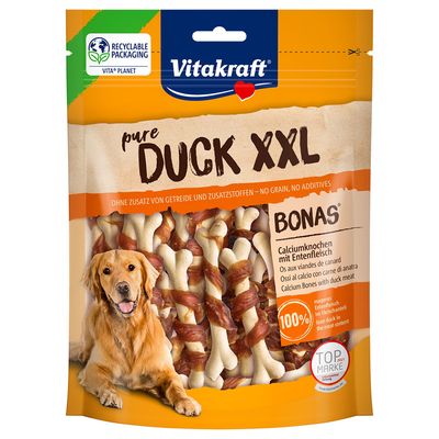 Vitakraft pure Duck XXL Bonas, calcium bone with duck meat. No added grains or additives. Recyclable packaging. 100% lean duck meat in meat content.