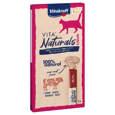 Vitakraft Vita Naturals Liquid s hovězím, bez přidaného cukru, bez obilovin, 100% přírodní, vyrobeno v Německu. Balení s 5 porcemi.
