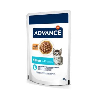 ADVANCE Kitten 2-12 months mit Huhn, trägt zu gesundem Wachstum bei, ohne künstliche Konservierungs- oder Farbstoffe, 85g Beutel.