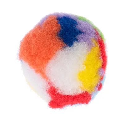 Färgglad, fluffig boll med olika färger som orange, blå, vit, gul och röd.