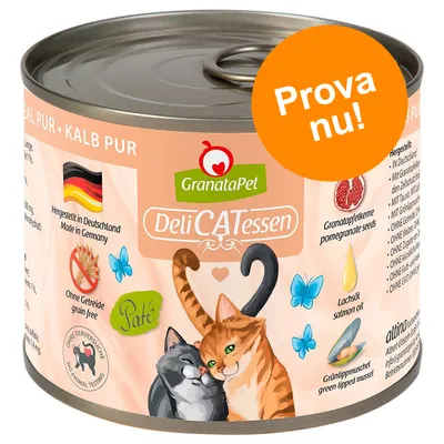 GranataPet DeliCATessen våtfoder för katter, kalv, paté. Text: Prova nu!, Hergestellt in Deutschland, Ohne Getreide, Ohne Tierversuche, granatäpplekärnor, laxolja, grönläppad mussla.