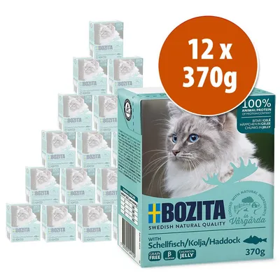 Pack de 12 cajas de comida para gatos Bozita con abadejo en gelatina, cada caja de 370 g. Texto visible: '100% animal protein', 'grain free', 'chunks in jelly', 'Swedish natural quality'.