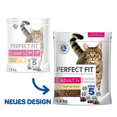 Perfect Fit Adult 1+ kattenvoer, rijk aan kip, 1,4 kg. Afbeelding toont oud en nieuw verpakkingsontwerp met tekst 'neues Design'.