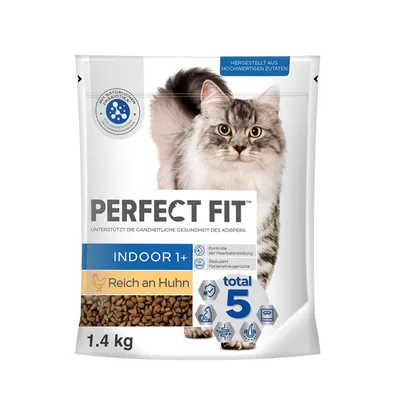 PERFECT FIT Indoor 1+ kattefoder, Reich an Huhn, 1,4 kg. Kontrol af hårbolledannelse, reducerer kattebakke lugt. total 5. Med naturlige præbiotika. Fremstillet aus hochwertigen Zutaten.