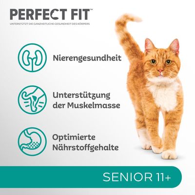 Perfect Fit. Nierengesundheit, Unterstützung der Muskelmasse, Optimierte Nährstoffgehalte. Senior 11+. Текст и значки на немецком языке, изображение рыжего кота.