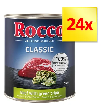 Rocco Classic Beef with green tripe, 800 g, zestaw 24x. Na etykiecie: 100% fresh ingredients & grain-free. Widoczne kawałki mięsa i zielonego żwacza. Rocco Classic Beef with green tripe, 800 g, zestaw 24x. Na etykiecie: 100% fresh ingredients & grain-free. Widoczne kawałki mięsa i zielonego żwacza.