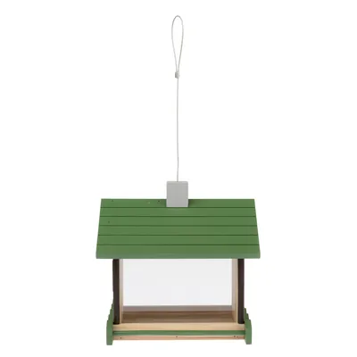 Hängendes Vogelhaus aus Holz mit grünem Dach und transparenten Seitenwänden, geeignet für die Fütterung von Wildvögeln.