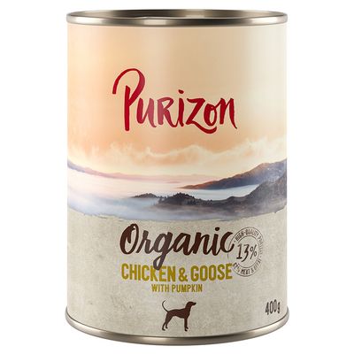 Purizon Organic Chicken & Goose met pompoen, 13% eiwit, 400 g blik, hondensymbool op de verpakking