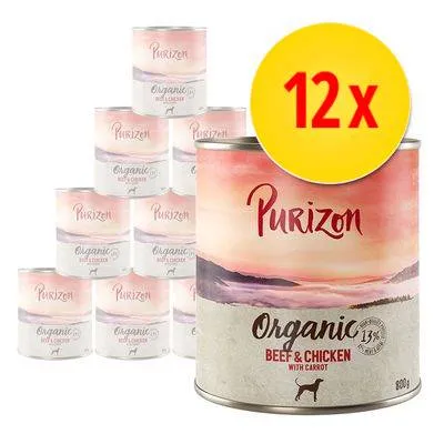 Lot de 12 boîtes Purizon Organic Beef & Chicken with Carrot, 800 g, texte visible : 13 % protéines animales, illustration chien sur l’étiquette.